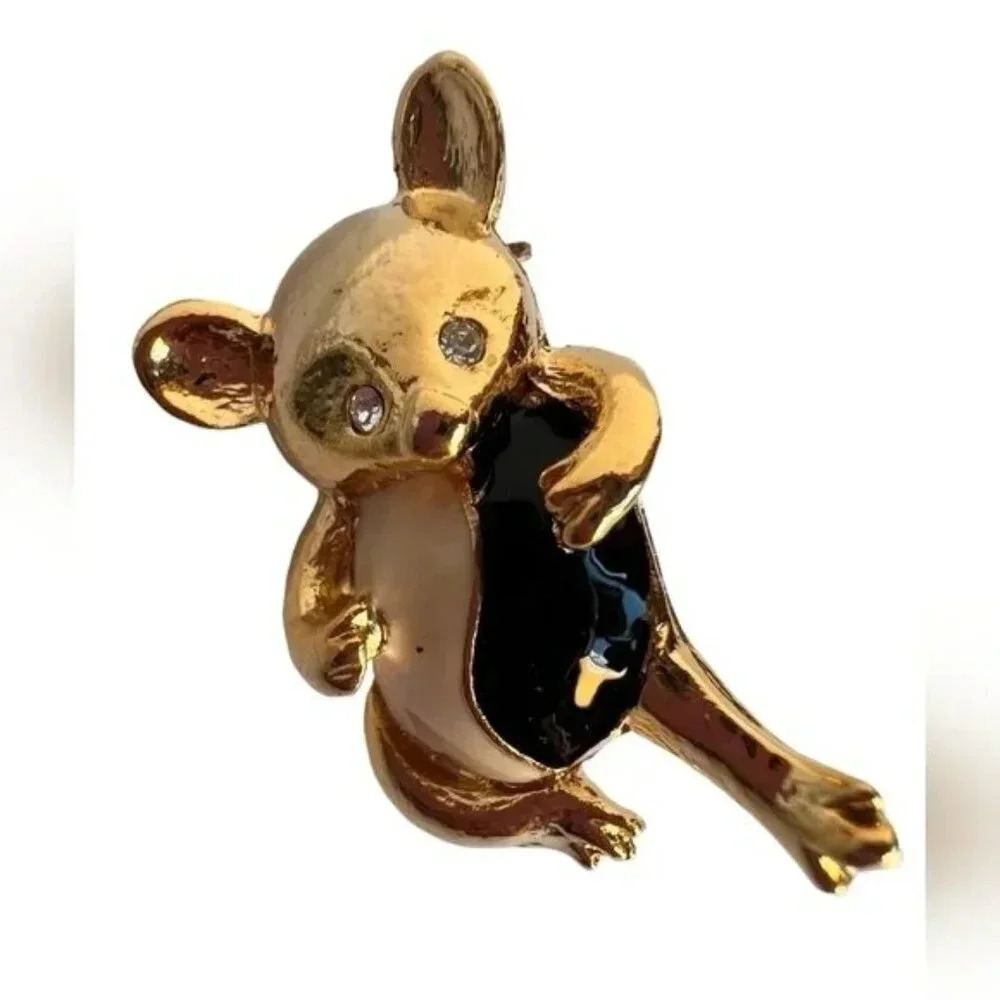 Vintage Enamel Teddy Bear Gold Tone Brooch Pin